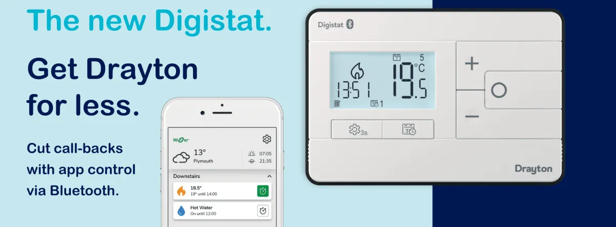 Banner showing digistat and app. Includes the text The new Digistat. Get Drayton for less. Cut call-backs with app control via Bluetooth.