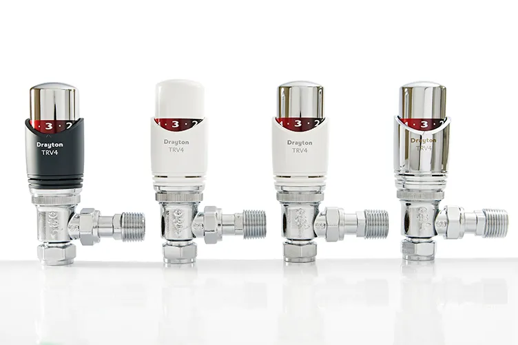 Drayton TRV4 radiator valves in a range of colours to suit any space, including chrome, white and chrome, wall white and anthracite