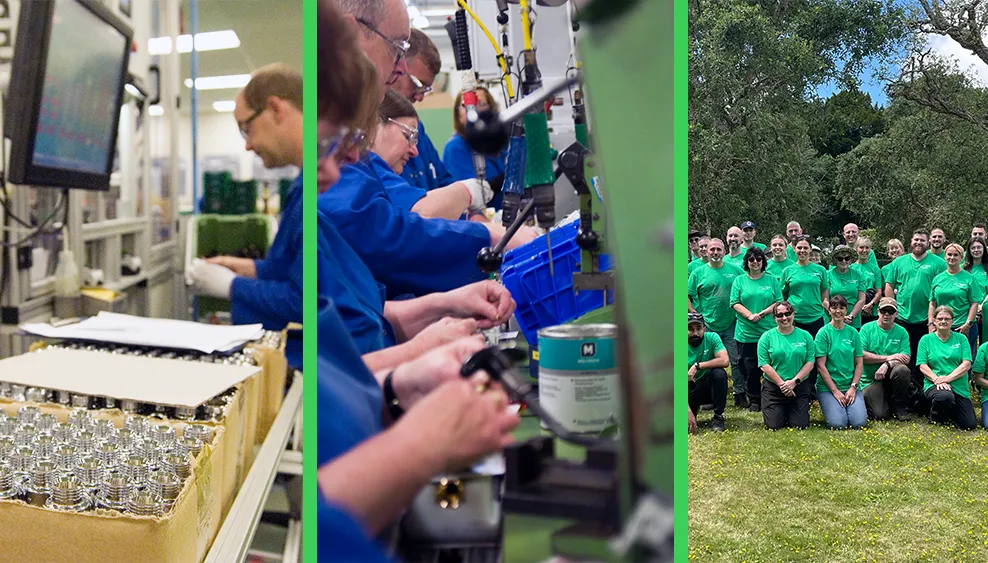 Drayton's UK factory in Plymouth, Devon, a production line and a team of our employees engaging in climate-conscious volunteer work as we head towards becoming a net zero site.