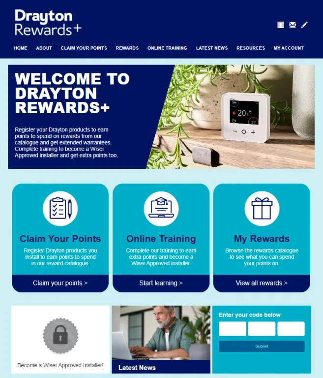 The Drayton Rewards+ Dahsboard, where installers can sign up for free training, earn points and join a heating professional community, sign up for free today