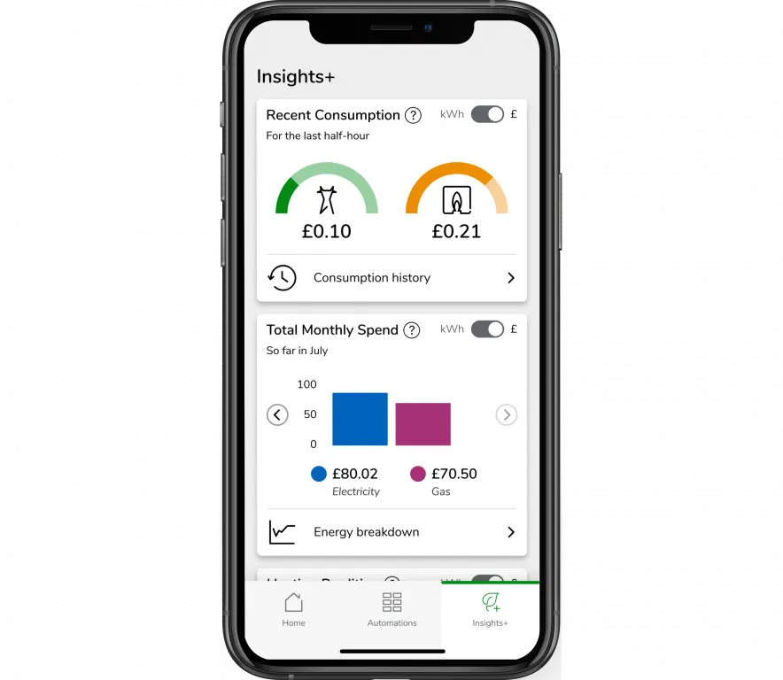 Wiser Insights+, the only smart heating data display service that connects to your smart meter, available in the Wiser Home app